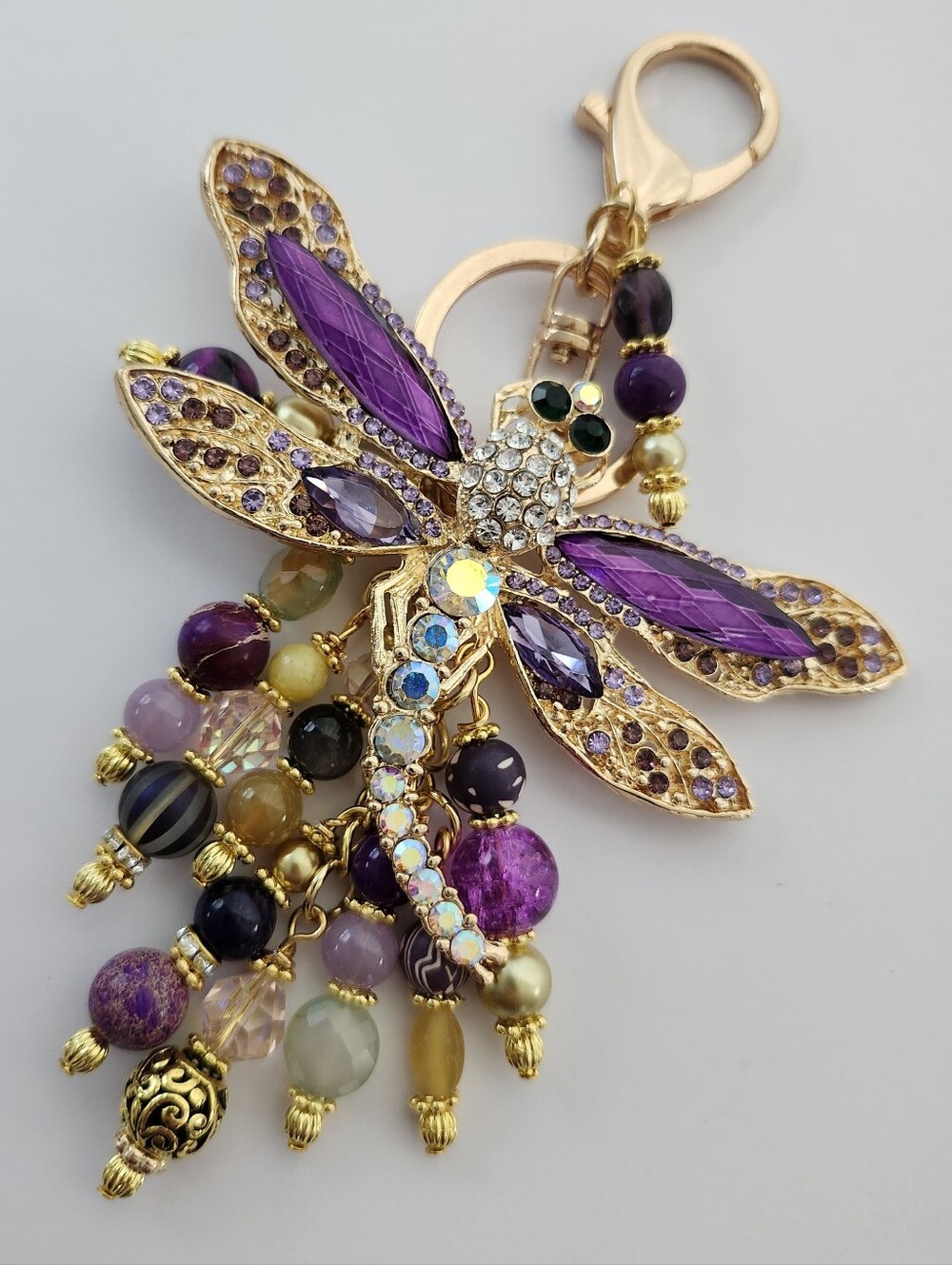 Dragonfly Over-sized Purse Charm Amethyst Aurora Tigers Eye Handcrafted